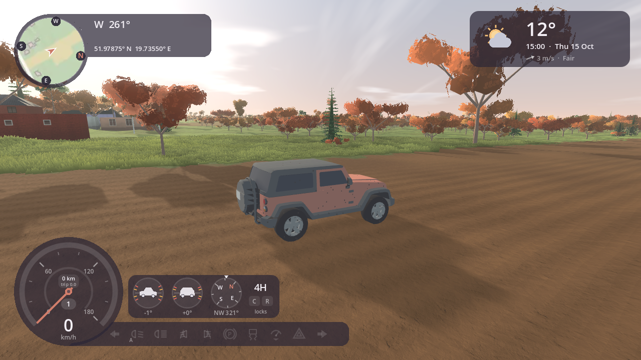 An SUV by an orchard in October, the leaves turning