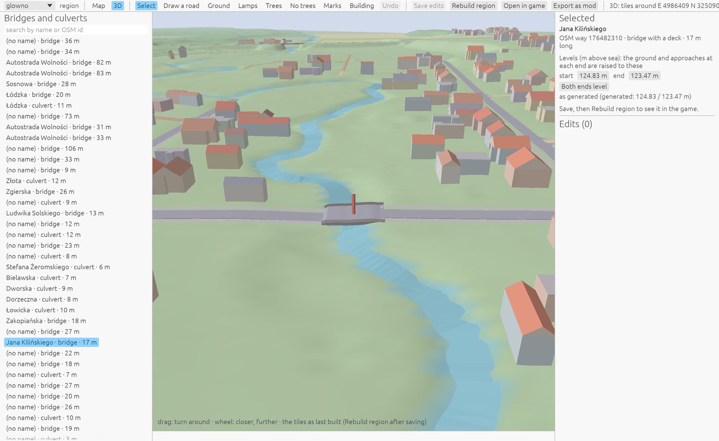 The same bridge in the editor's 3D view, over the river, with the town around it