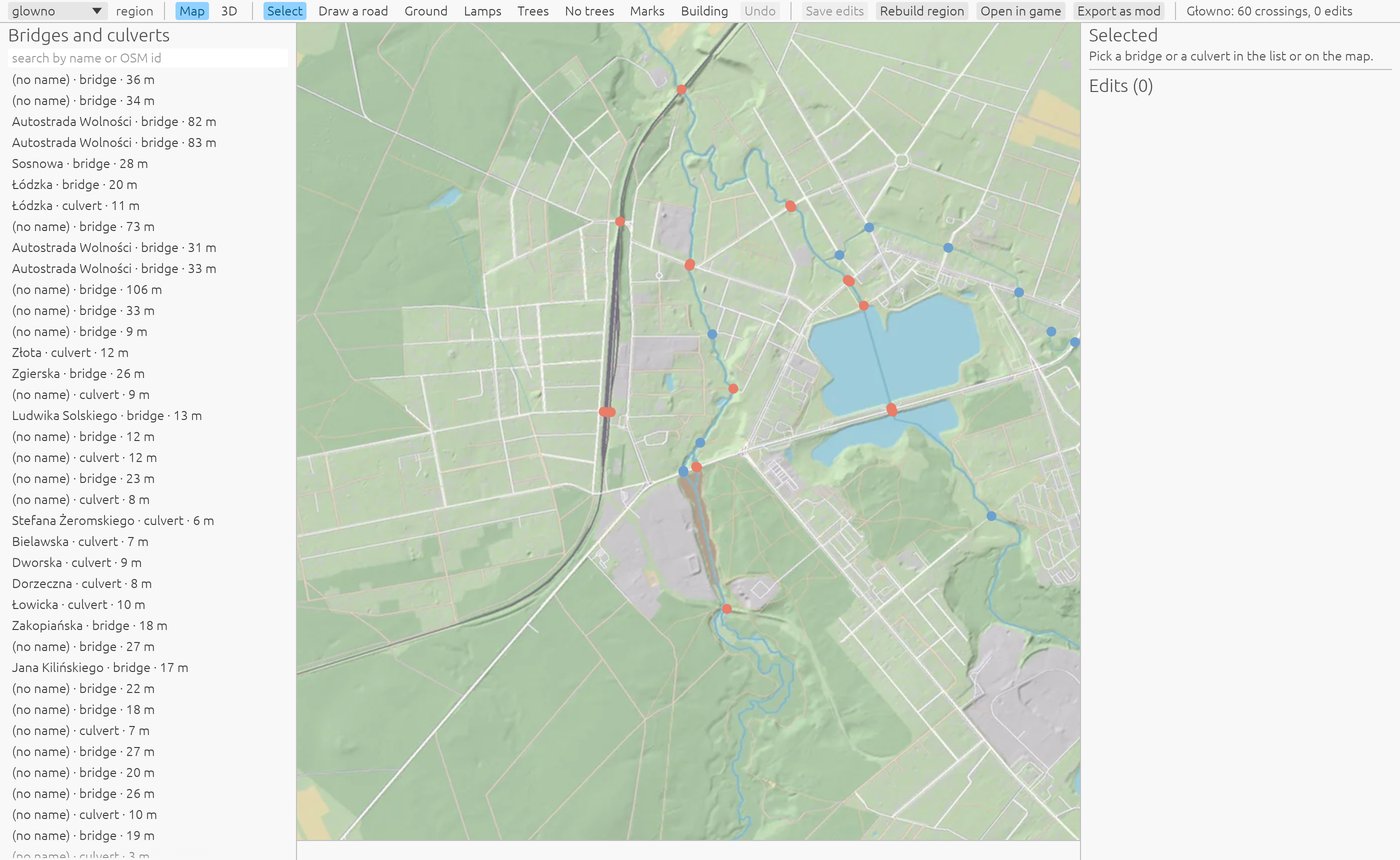 The map editor over Głowno: the list of bridges and culverts on the left, the map with crossings marked in the middle, the selection panel on the right