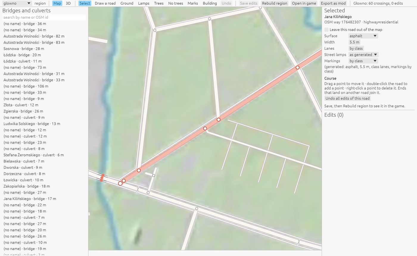 A road selected in the editor, with its surface, width, lanes, street lamps and markings in the panel, and its points on the map